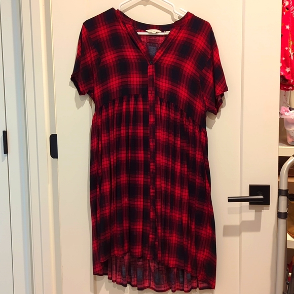 Plaid Tie Neck Short Sleeve Babydoll Mini Dress